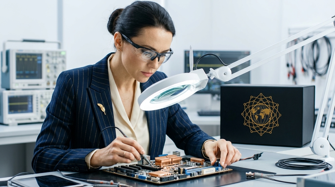 Banco di lavoro del laboratorio con oscilloscopio e stazione di microsaldatura