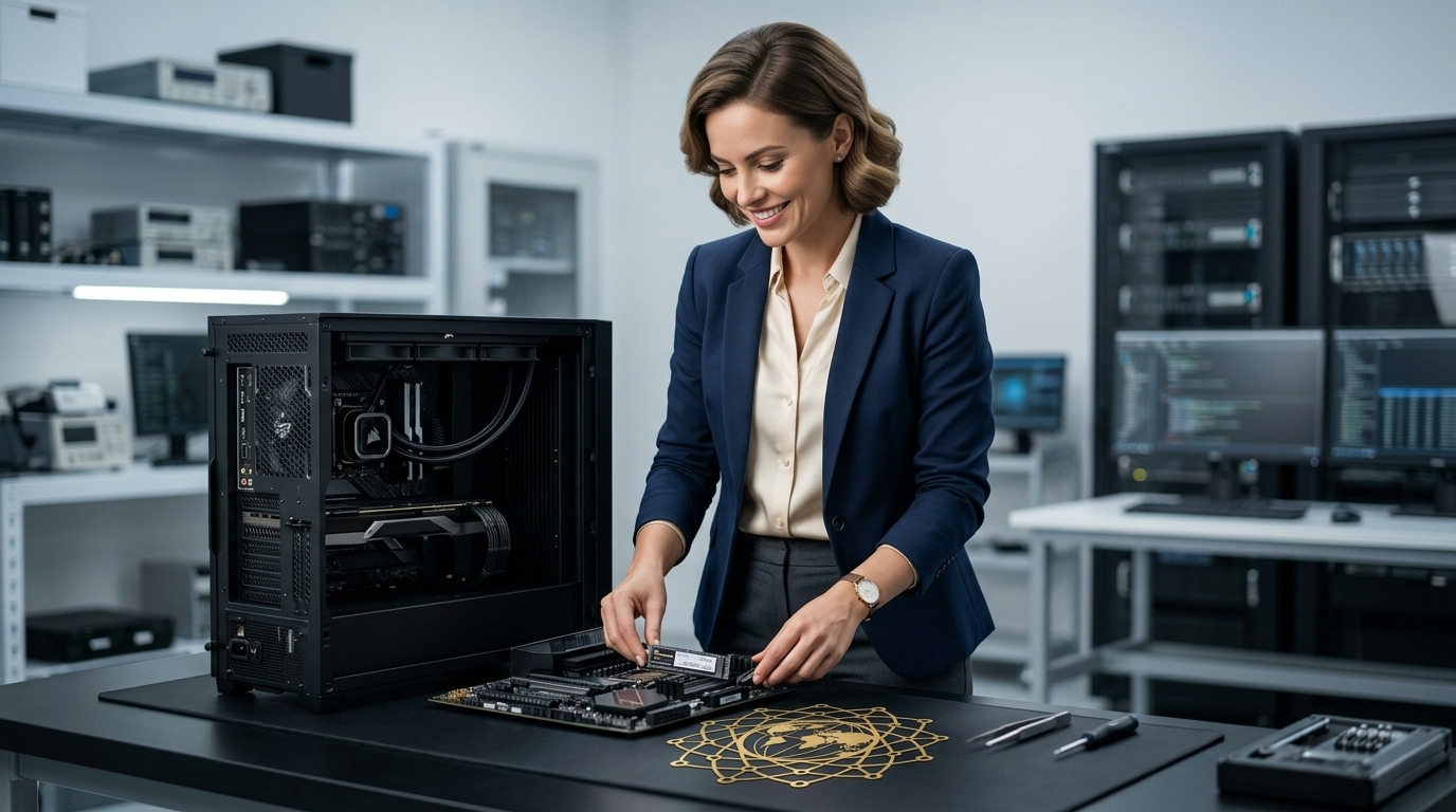 Assemblaggio di un PC su misura sul banco di lavoro, con componenti hardware e cablaggio ordinato